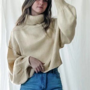 Cream Knit Sweater with Balloon Sleeves